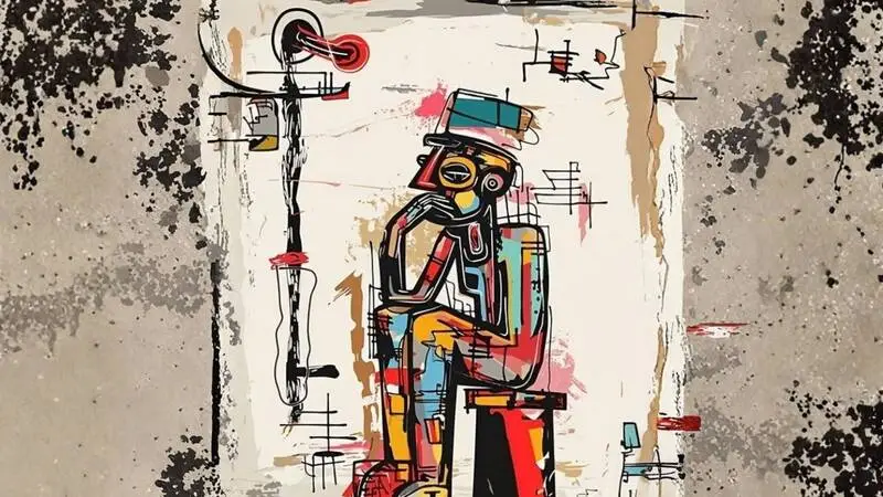 Colourful urban art illustration featuring an abstract seated figure outlined in bold black lines, layered with bright geometric shapes, splashes of colour and graffiti-inspired details.